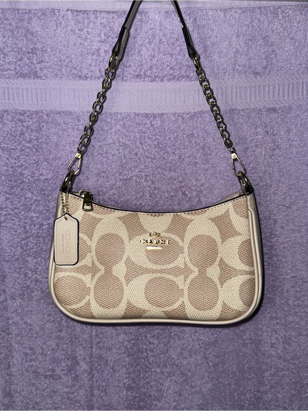 Coach Beige Signature Canvas Chain Shoulder Bag